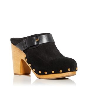 Veronica Beard Black Suede Mules with Wooden Heel